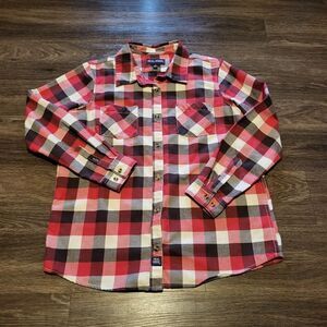 Real Work Flannel Red White Black Button Up Shirt Womens Size Large Regular